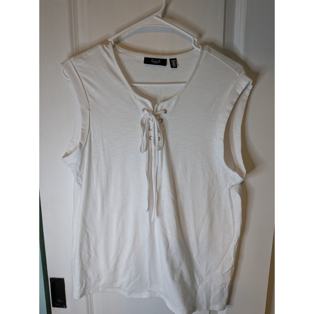 Ella Rafaella White Lace Up V-Neck Sleeveless Slub Knit Tank Top Medium